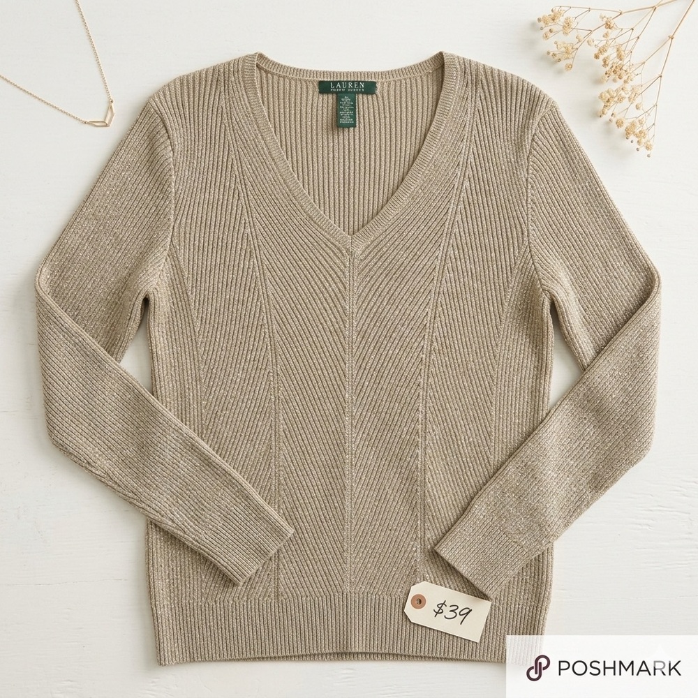 Lauren Ralph Lauren Gold Metallic V-Neck Sweater XL Shimmer Ribbed Knit